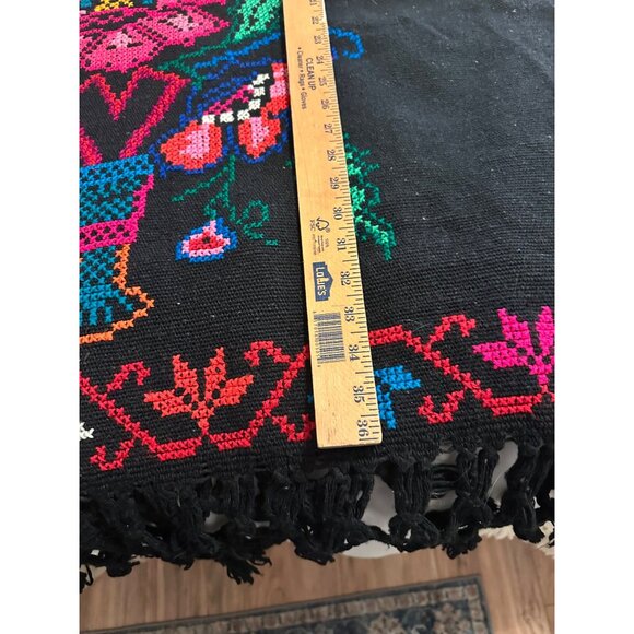 Vtg Wool Mexican Embroidered Poncho Floral Cross-Stitch Fringe Boho Hippie O/S - Picture 15 of 16
